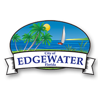 City of Edgewater Florida logo with palm trees and a boat in the background