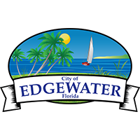 City of Edgewater Florida logo with palm trees and a boat in the background