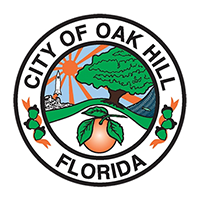 City of Oak Hill Florida with a rocket launching in the background, oranges and the sun