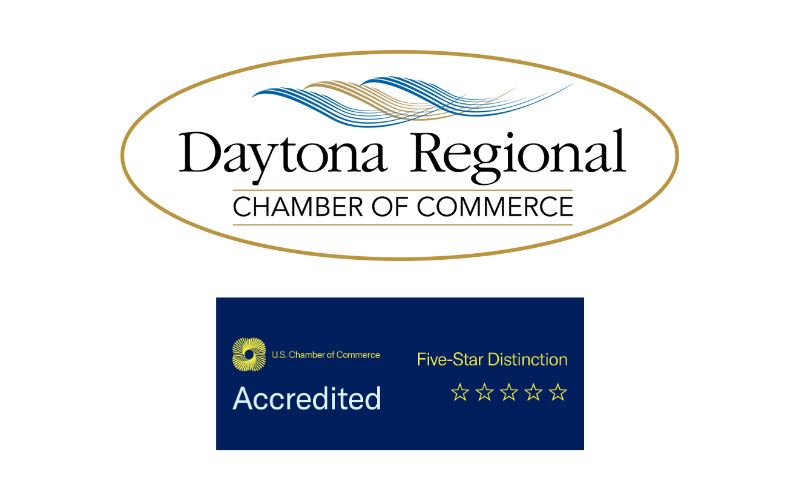 Daytona Regional Chamber of Commerce logo. U.S. Chamber of Commerce Accredited chamber. Five-star distinction.