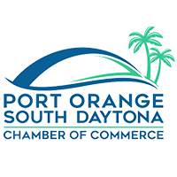 Port Orange South Daytona Chamber of Commerce logo with palms trees and a bridge icon