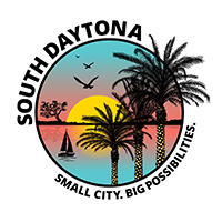 South Daytona Florida Small City Big Possibilities logo with palm trees and the sun rising on the horizon