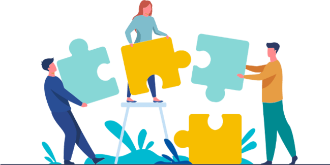 One person on a stool putting puzzle pieces together with two other people