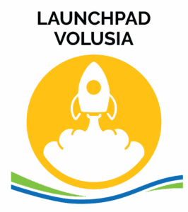 LaunchPad Volusia logo with a rocket taking off over waves of green and blue
