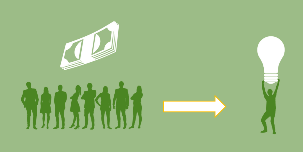 Illustration of a group of people with dollars hovering over them and an arrow pointing to a person holding up a lightbulb indicating a business idea