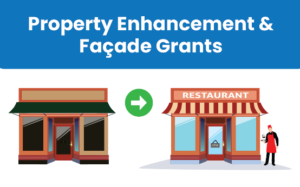 Property Enhancement & Façade Grants. Illustration of a run-down store front to an update version of the store front with a refreshed facade.